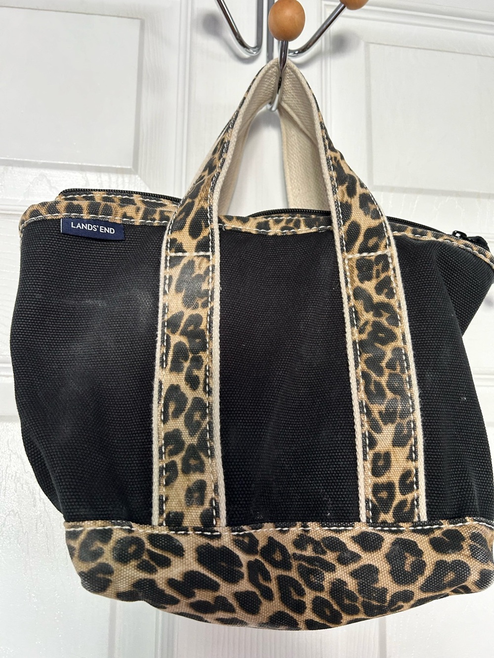 Lands' End Mini Black Canvas Tote with Leopard Trim